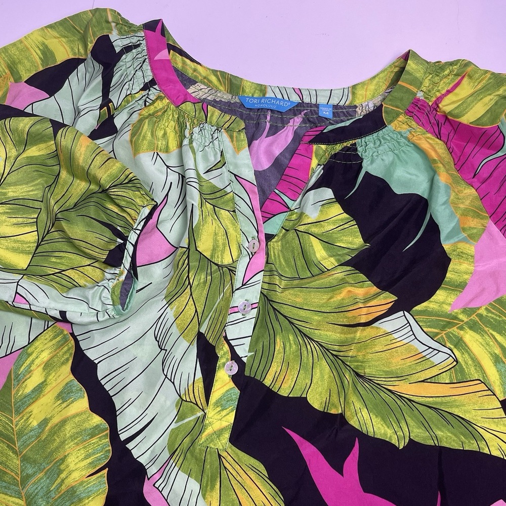 Tori Richard Honolulu Medium Green Pink Black Hawaiian 100% Silk Resort Dress - Picture 1 of 13